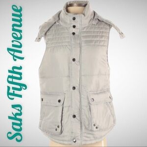NWT SAKS FIFTH AVENUE Silvery Gray Puffer Vest With Removable Hood, Size Small